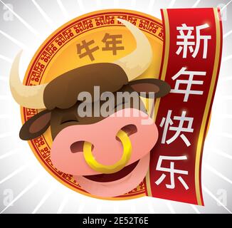 Smiling bullock celebrating a happy Chinese New Year of the Ox (written in Chinese calligraphy), with greeting hanging scroll and golden lucky coin. Stock Vector