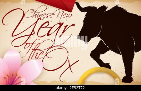 Scroll with traditional elements for Chinese New Year celebration: peach flower, golden nose ring, red envelope, scroll and ox silhouette in brushstro Stock Vector