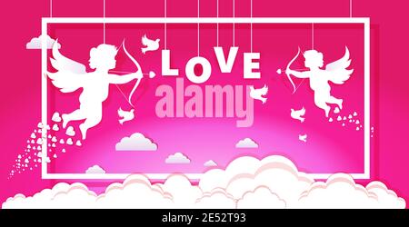 valentine cupids amours angels shooting love arrows with heart valentines day celebration greeting card banner invitation poster horizontal vector illustration Stock Vector