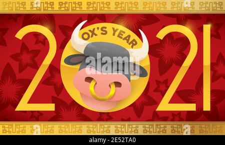 Cute, smiling ox over a golden number and cherry blossom background, promoting 2021 as the ox year, according to Chinese astrology. Stock Vector