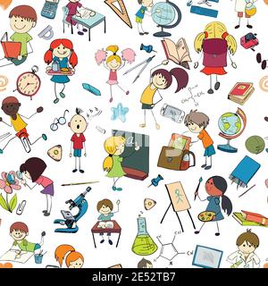 Kids drawing and writing formulas on chalkboard with school accessories background seamless doodle sketch pattern vector illustration Stock Vector