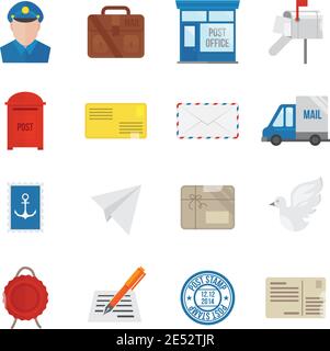 Post service icon flat set with delivery courier envelope and parcel packages isolated vector illustration Stock Vector