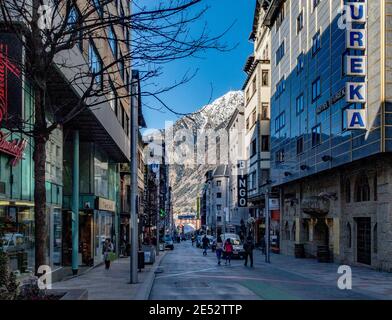 People duty-free shopping on the main street of Andorra la Vella, Andorra Stock Photo