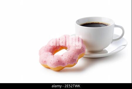 Hot coffee with pink doughnuts on a white background with a copy space Stock Photo