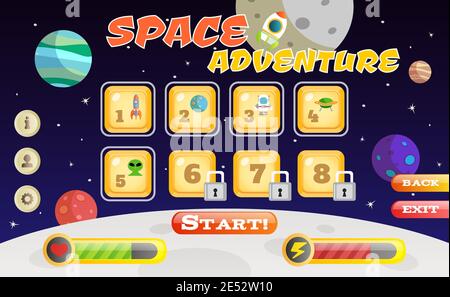 Scifi space adventure game user interface template vector illustration Stock Vector