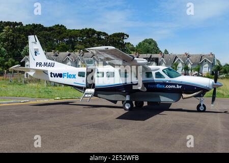 Twoflex Airline operated by Azul Conecta Cessna 208B Grand Caravan propeller aircraft used for regional flights to Canela Airport. Small aircraft. Stock Photo