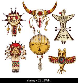 Ethnic american tribes animal totems colored sketch decorative elements set isolated vector illustration Stock Vector