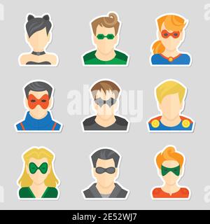 Set of comic character superheroes avatar icons in sticker style vector illustration Stock Vector