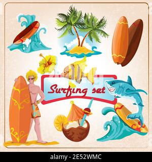 Beach surfing summer decorative elements set isolated vector illustration Stock Vector