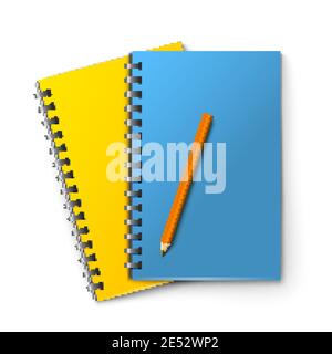Realistic blue and yellow notepads and pencil isolated on white background vector illustration Stock Vector
