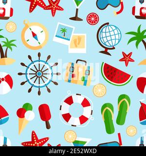 Decorative summer tropical vacation symbols of beach watermelon cocktail souvenir wrap paper seamless pattern abstract vector illustration Stock Vector