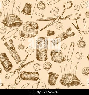 Sewing sketch seamless pattern with thread spool needle pillow scissors vector illustration. Stock Vector