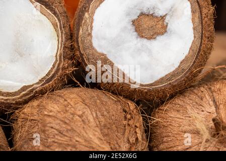 Coconuts heap close-up view in Chengdu, Sichuan province, China Stock Photo