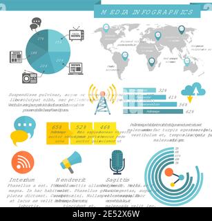 Broadcasting media social news infographics with flat color icons vector illustration Stock Vector