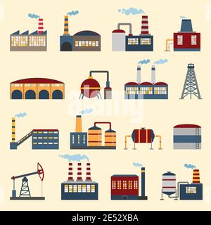 Industrial building factories and plants icons set isolated vector ...