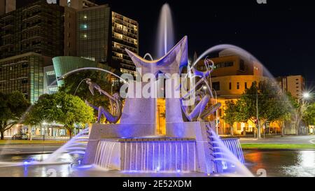 The Victoria Square fountain at night in Adelaide South Australia on January 25th 2021 Stock Photo