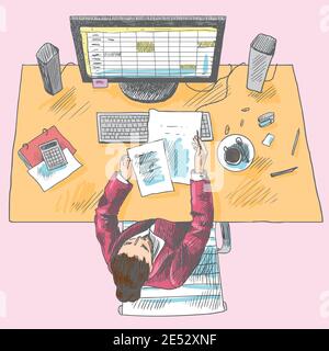 Accountant office employee work place tools with woman sitting on table colored top view sketch vector illustration Stock Vector
