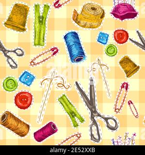 Sewing dressmaking and needlework accessories sketch seamless pattern vector illustration Stock Vector