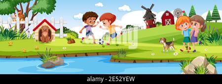 Farm scene with farmer and children by the river illustration Stock ...