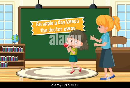 Idiom poster with An apple a day keeps the doctor away illustration Stock Vector