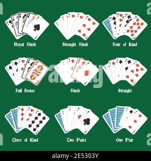 Poker hands set with royal flush four of kind full house isolated vector illustration Stock Vector