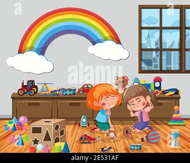 Two girls injured at cheek and arm in the playroom scene illustration Stock Vector