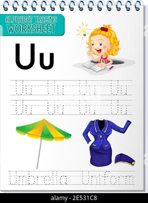 Alphabet tracing worksheet with letter U and u illustration Stock Vector