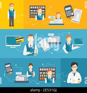 Salesman shop assistant flat banners set isolated vector illustration Stock Vector