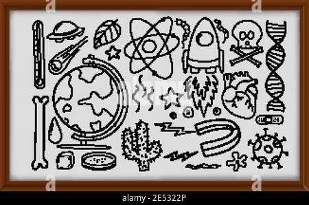 Different doodle strokes about science equipment in wooden frame illustration Stock Vector