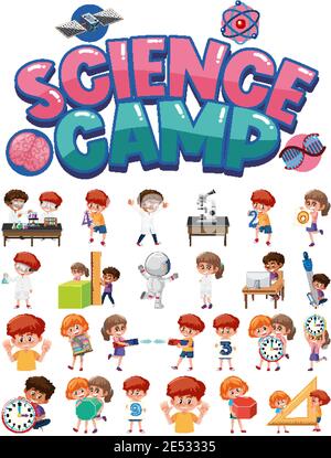 Science camp logo and set of children with education objects isolated illustration Stock Vector