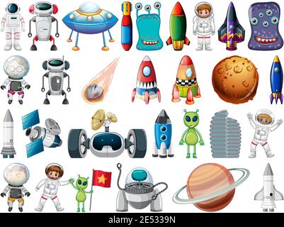 Set of space objects and elements isolated on white background illustration Stock Vector