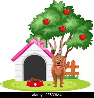 A dog standing beside dog house isolated on white background illustration Stock Vector