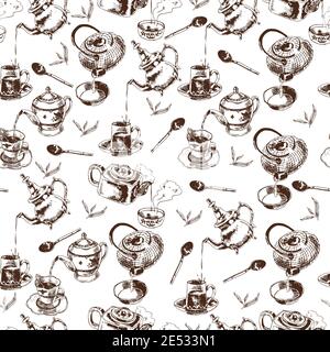 Teapot and cups traditional tea ceremony accessories vintage seamless wrap paper pattern doodle sketch vector illustration Stock Vector