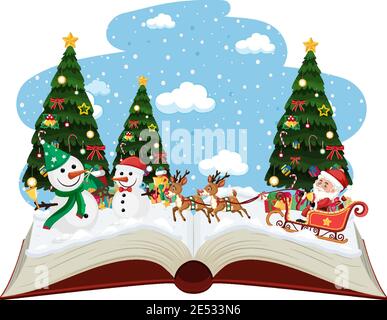 Santa on sleigh with many reindeer in snow illustration Stock Vector