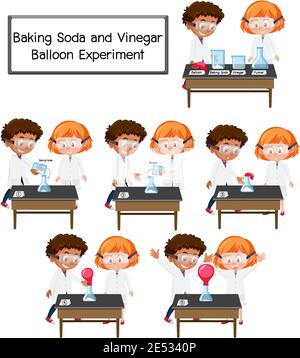 Scientist explaining baking soda and vinegar balloon science experiment  illustration Stock Vector