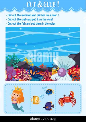 Cut and glue game for kindergarten illustration Stock Vector