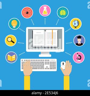 Online education e-learning science concept with human hand and computer book vector illustration Stock Vector