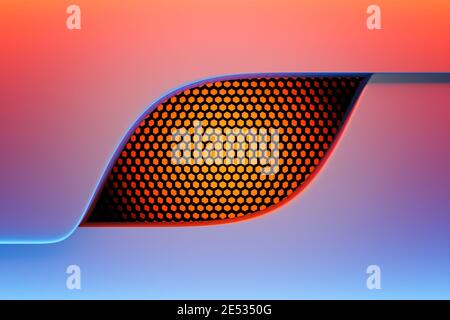 3D illustration of a window made of black and orange honeycombs on a blue and red background. Simple geometric shapes pattern, mosaic background. Hone Stock Photo