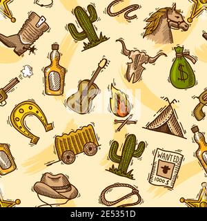 Wild west cowboy colored seamless pattern with guitar cactus bottle vector illustration Stock Vector