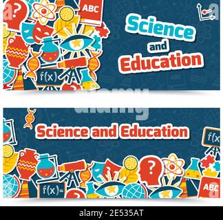 Science and education areas colored paper stickers set on blue background horizontal banner set isolated vector illustration Stock Vector