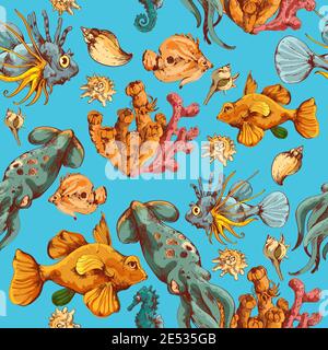 Sea fishes and ocean creatures sketch colored seamless pattern vector illustration Stock Vector