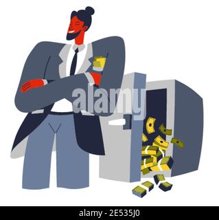 Rich businessman with money cash in strongbox Stock Vector