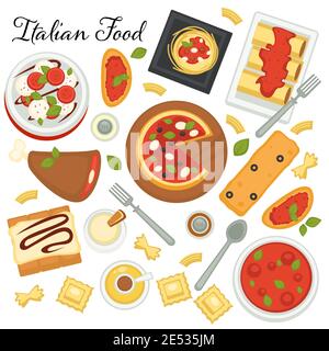 Italian cuisine of european country, menu with pasta, pizza and desserts. Served sweets, snacks and pastries with cream, vector in flat style Stock Vector