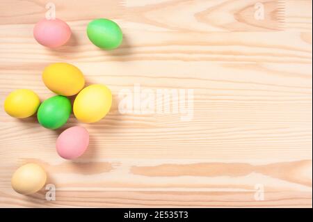 easter eggs. Happy easter, Easter painted eggs on wooden rustic table for your decoration in holiday. copy space. greeting easter frame card Stock Photo