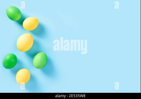 Happy Easter. Colorful Easter eggs. flat lay. background of colorful, pastel, hand painted Easter eggs Stock Photo
