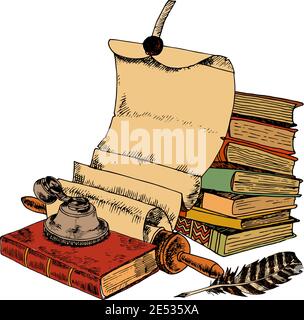 Vintage books with paper scroll feather and ink pot colored sketch decorative concept vector illustration Stock Vector