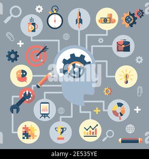 Human head silhouette thinking man with cogwheel creativity concept vector illustration Stock Vector