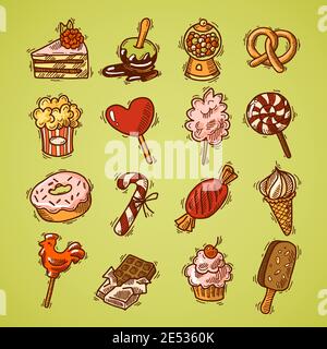 Sweets sketch decorative icons colored set with layered cake popcorn cupcake isolated vector illustration Stock Vector