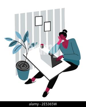 Freelancer woman working on project on laptop Stock Vector