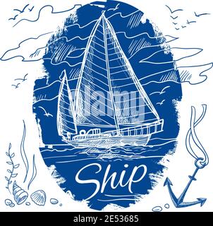 Nautical emblem with blue colored sketch sailing schooner ship and sea background vector illustration Stock Vector